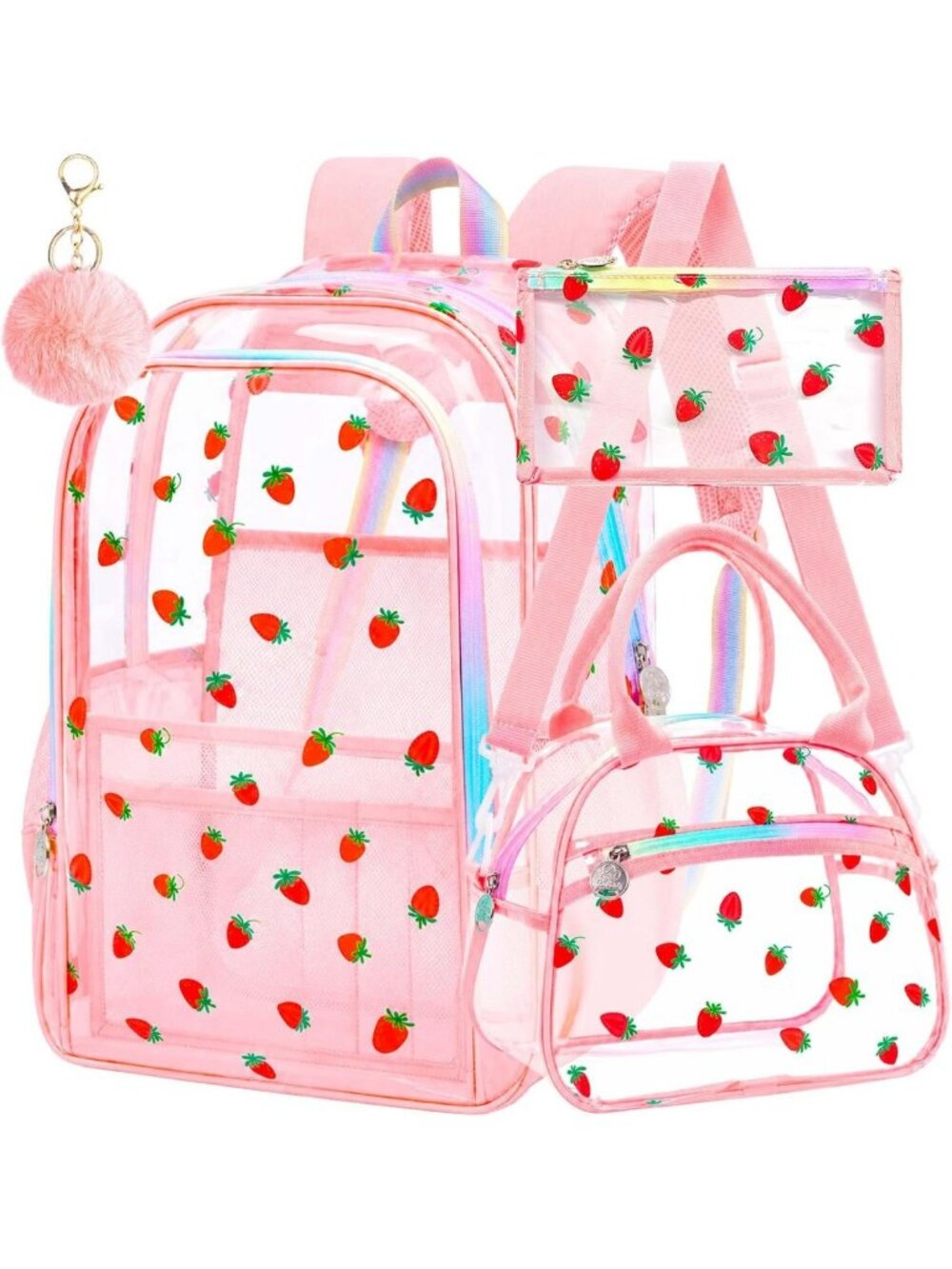 AGSDON Playful Pink Clear Backpack for Girls – Strawberry-Print Women